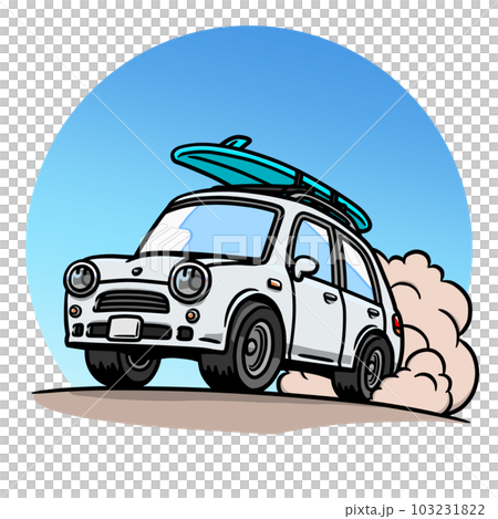 Illustration of a white car running on a sandy beach under the blue sky (equipped with a surfboard) Illustration of a white car running on a sandy beach under the blue sky (equipped with a surfboard) 103231822