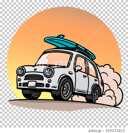 夕陽下沙灘上奔跑的白色汽車插畫（配備衝浪板） 103231823