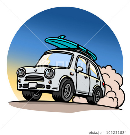 朝焼けを背景に砂浜を走る白い自動車のイラスト(サーフボード装備) 朝焼けを背景に砂浜を走る白い自動車のイラスト(サーフボード装備) 103231824