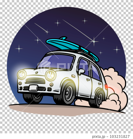 一輛白色汽車在沙灘上行駛,同時在星空下留下光蹟的插圖 一輛白色汽車在沙灘上行駛,同時在星空下留下光蹟的插圖 103231827