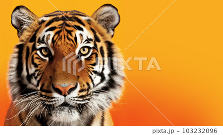 Advertising portrait, banner, noble tiger with a serious look and traditional coloring book, isolated on a red-yellow background. Generated Ai. High quality illustration Advertising portrait, banner, noble tiger with a serious look and traditional coloring book, isolated on a red-yellow background. Generated Ai. High quality illustration 103232096