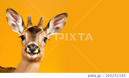 Advertising portrait, banner, funny cheerful roe deer with raised ears, black nose and horns, isolated on yellow neutral background. Generated Ai. High quality illustration 103232185