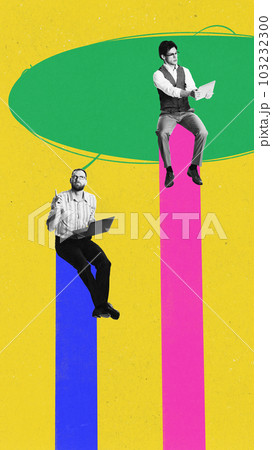Contemporary collage of employees, productivity analytics working together with motivation over yellow background. Analytics, income, finance, teamwork 103232300