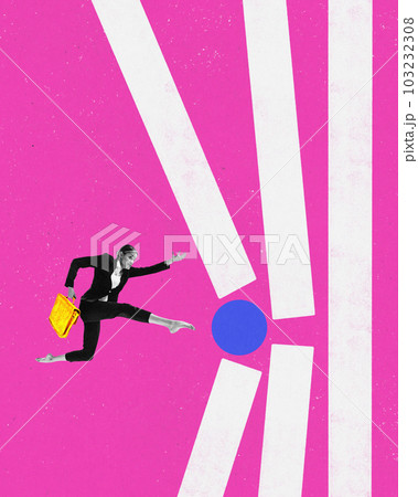 Contemporary art collage with hardworking girl, businesswoman running to success with motivated face over pink background. Vibrant colours. Career growth Contemporary art collage with hardworking girl, businesswoman running to success with motivated face over pink background. Vibrant colours. Career growth 103232308