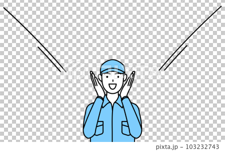 口に手を当てて呼び込みをする帽子と作業着姿の男性 103232743