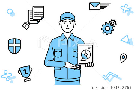 DXのイメージ、デジタル技術を利用して業務改善を行う帽子と作業着姿の男性 103232763