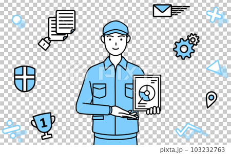 DXのイメージ、デジタル技術を利用して業務改善を行う帽子と作業着姿の男性 103232763
