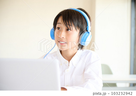 オンラインで勉強をする小学生の男の子 103232942