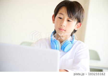 オンラインで勉強をする小学生の男の子 103233162