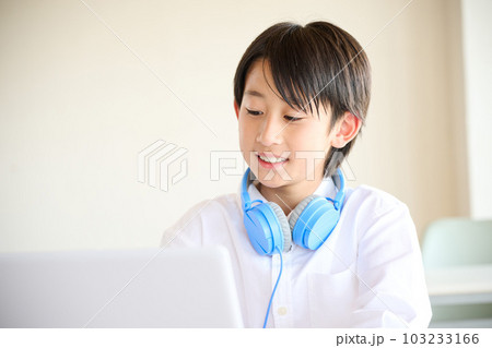 オンラインで勉強をする小学生の男の子 オンラインで勉強をする小学生の男の子 103233166
