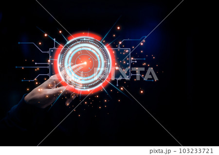 Hand touch digital button hud interface futuristic technology background of virtual computer screen display future concept Hand touch digital button hud interface futuristic technology background of virtual computer screen display future concept 103233721