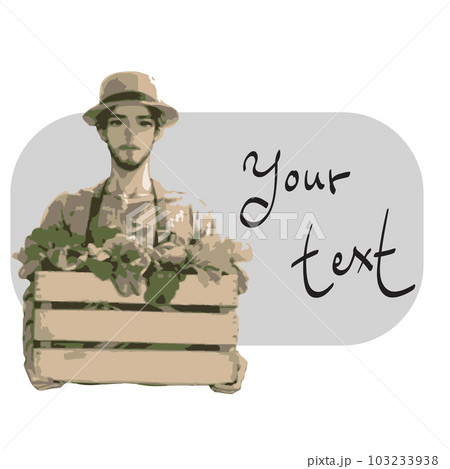 half length of male gardener holding vegetables in wooden basket with copy space for text illustration vector hand drawn isolated on white background line art. 103233938