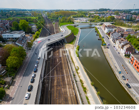 Halle, Flemish Brabant Region, Belgium, 01 05 2023, aerial top down view of the railway station and Halle, Flemish Brabant Region, Belgium, 01 05 2023, aerial top down view of the railway station and 103234608
