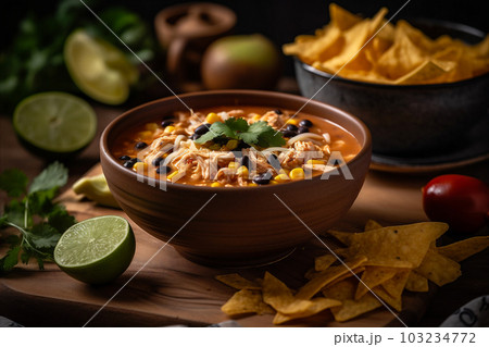 Bowl of chicken tortilla soup featuring tender shredded cheese. AI generated. 103234772