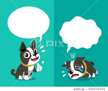 Vector cartoon character cute boston terrier dog expressing different emotions with speech bubbles 103235181