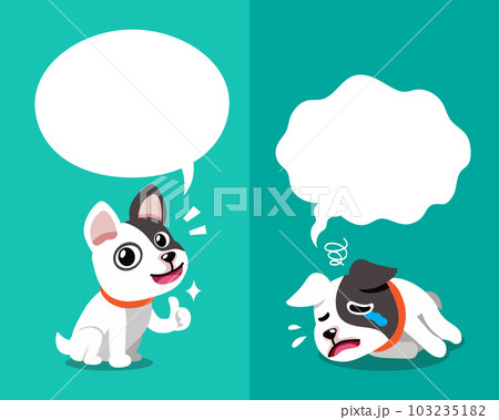 Vector cartoon character french bulldog expressing different emotions with speech bubbles Vector cartoon character french bulldog expressing different emotions with speech bubbles 103235182