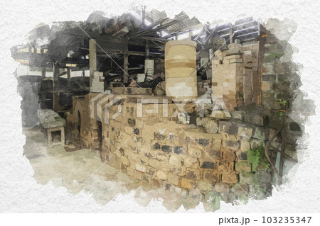 水彩画風　伊万里大川内山　窯　佐賀県伊万里市 103235347