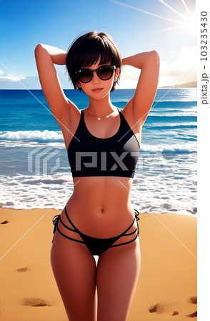 海で両腕を上げる黒い水着を着たサングラスの美少女 海で両腕を上げる黒い水着を着たサングラスの美少女 103235430