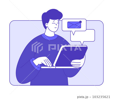 Business Man Character with Laptop in Web Window Meeting Online Discuss Strategy Vector Illustration Business Man Character with Laptop in Web Window Meeting Online Discuss Strategy Vector Illustration 103235621