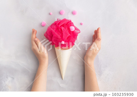 bath sponge in cornet colourful fluffy balls creative concept 103235930