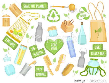 Set of zero waste elements. Zero waste doodles no plastic, garbage sorting campaign symbols stickers Set of zero waste elements. Zero waste doodles no plastic, garbage sorting campaign symbols stickers 103236076