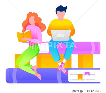 People Reading Books and Typing on Laptop Vector 103236120