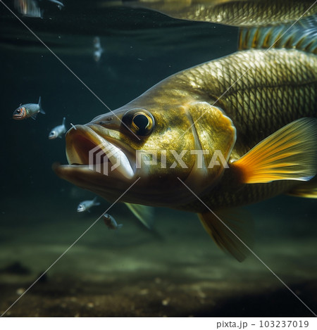 Large predatory fish perch catches small fish and eats, underwater shooting close-up 103237019