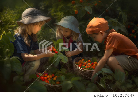Children picking fruits in garden at sunny day, neural network generated art 103237047