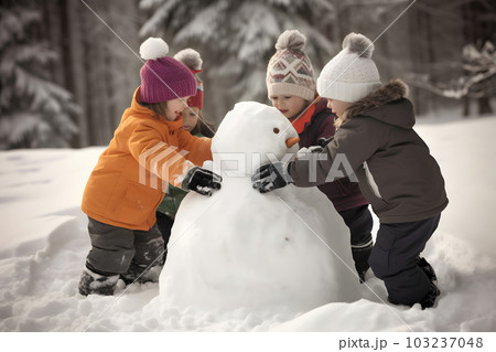 children building snowman at winter day, neural network generated art 103237048