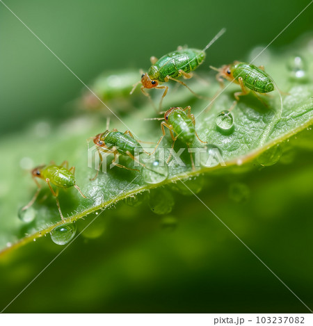 Green insect pests aphids on a green leaf and dew drops, close-up macro, Green insect pests aphids on a green leaf and dew drops, close-up macro, 103237082