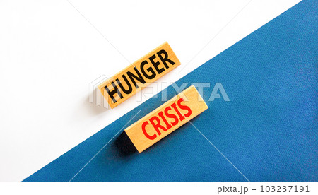 Hunger crisis symbol. Concept words Hunger crisis on wooden blocks on a beautiful white and blue background. Business, support and Hunger crisis concept. Copy space. Hunger crisis symbol. Concept words Hunger crisis on wooden blocks on a beautiful white and blue background. Business, support and Hunger crisis concept. Copy space. 103237191