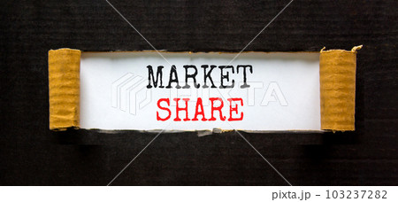 Market share symbol. Concept words Market share on beautiful white paper. Beautiful black paper cardboard background. Business and Market share concept. Copy space. Market share symbol. Concept words Market share on beautiful white paper. Beautiful black paper cardboard background. Business and Market share concept. Copy space. 103237282