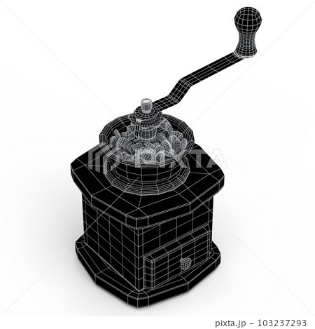 Manual wooden coffee grinder with coffee beans on white background. 103237293