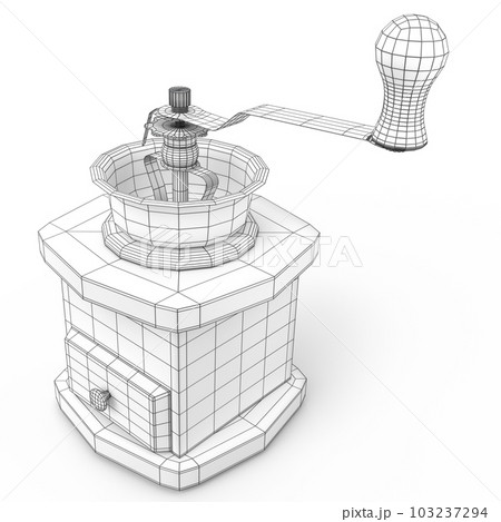 Manual wooden coffee grinder with coffee beans on white background. 103237294