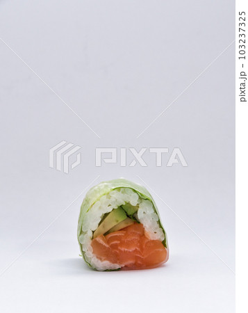 Sushi rolls japanese food isolated on white background. California Sushi roll with tuna, vegetables and unagi sauce closeup. Japan restaurant menu. 103237325