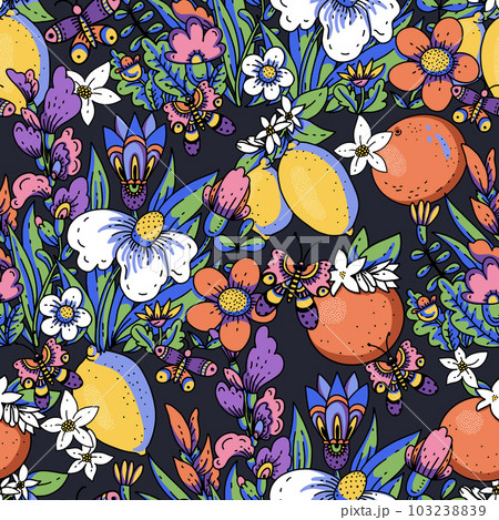 Cartoon summer flowers with fruit seamless pattern, bold modern floral texture 103238839