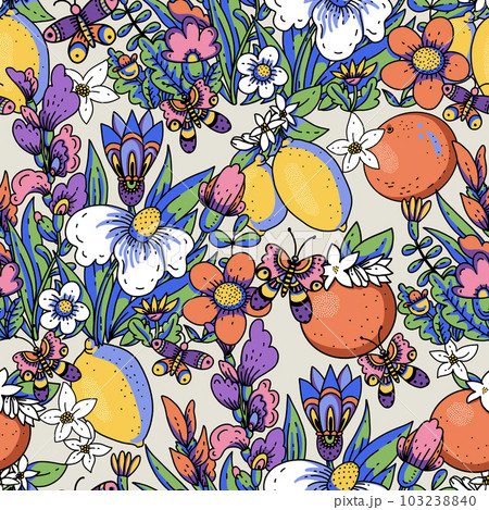 Cartoon summer flowers with fruit seamless pattern, bold modern floral texture 103238840