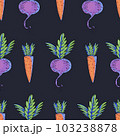ummer garden carrot, beetroot cartoon vegetable seamless pattern, bright texture 103238878