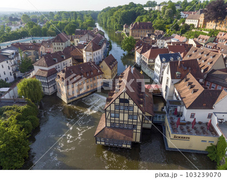 Drone shot of a House on a river Regniz in Bamberg. Picturesqur place in the morning in Bavaria, Germany. Frankonia Drone shot of a House on a river Regniz in Bamberg. Picturesqur place in the morning in Bavaria, Germany. Frankonia 103239070