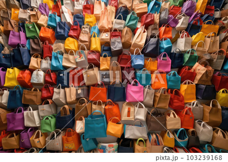 Pile of colorful shopping bags. Over consumption and shopaholism. Generative AI 103239168