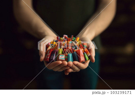 A lot of shopping bag in female hands. Over consumption. Generative AI 103239171