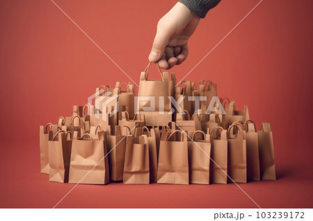 Hand takes shopping bag from pile. Consumption and shopaholism. Generative AI 103239172