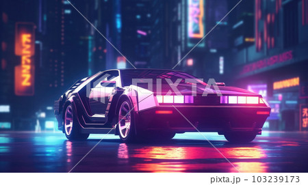 Futuristic sport car with neon lights at cyberpunk city street. Generative AI 103239173