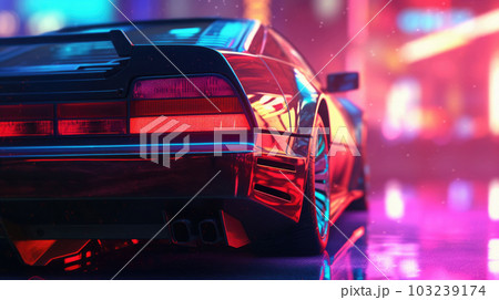 Futuristic sport car with neon lights at cyberpunk city street. Generative AI 103239174