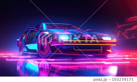Futuristic sport car with neon lights at cyberpunk city street. Generative AI 103239175