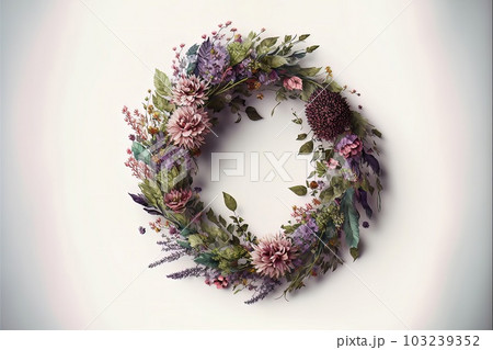A wreath of various colors lies on a white background, viewed from above A wreath of various colors lies on a white background, viewed from above 103239352