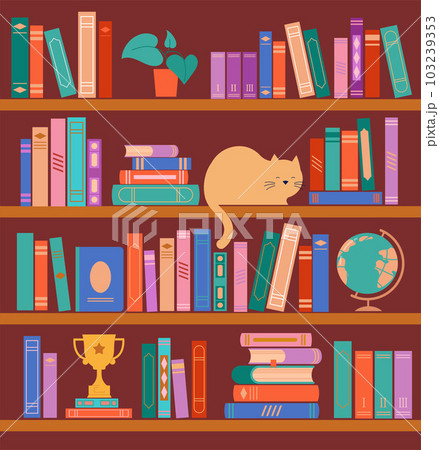 Bookshelf concept illustration. A lot of books on the shelf, clock, cat, plant and globe Bookshelf concept illustration. A lot of books on the shelf, clock, cat, plant and globe 103239353