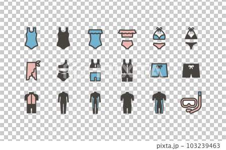 Vector icon set of various types of swimsuits and wet suits Vector icon set of various types of swimsuits and wet suits 103239463