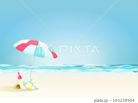 青空が広がる夏の海の背景イラスト（ビーチパラソルと浮き輪と砂遊び