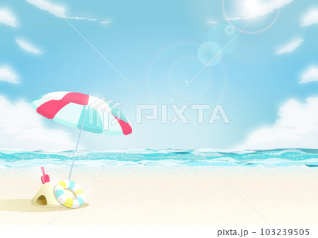 太陽が眩しい夏の海の背景イラスト(ビーチパラソルと砂遊び) 太陽が眩しい夏の海の背景イラスト(ビーチパラソルと砂遊び) 103239505